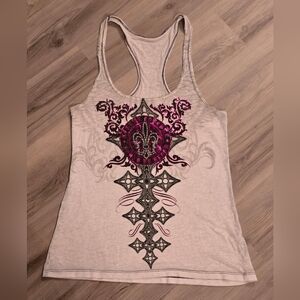 Women's Light Pink Racerback Muscle Tee with Metallic Fleur de Lis Graphic